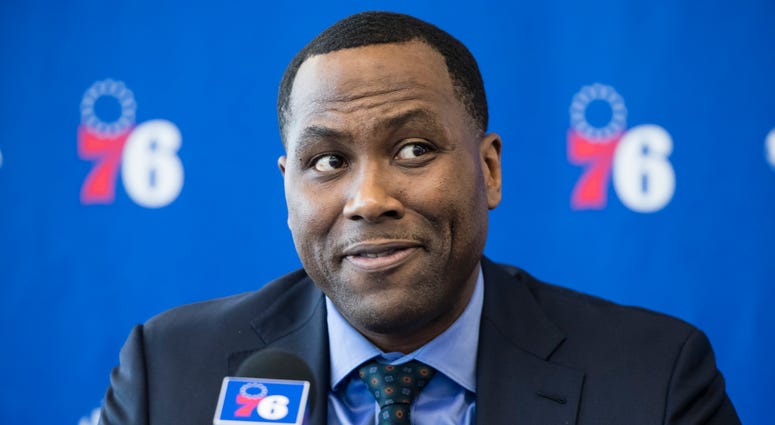 In this May 14, 2019, file photo, Philadelphia 76ers general manager Elton Brand speaks during a news conference at the NBA basketball team's practice facility in Camden, N.J. Philadelphia 76ers general manager Elton Brand