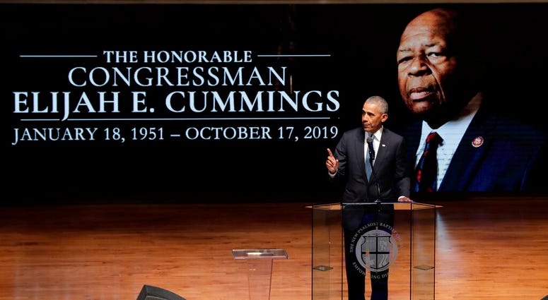 Former President Barack Obama speaks during funeral services for Rep. Elijah Cummings, Friday, Oct. 25, 2019, in Baltimore. Former President Barack Obama speaks during funeral services for Rep. Elijah Cummings, Friday, Oct. 25, 2019, in Baltimore.