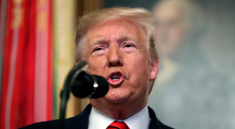 President Donald Trump speaks in the Diplomatic Room of the White House in Washington, Sunday, Oct. 27, 2019, announcing the death of Islamic State leader Abu Bakr al-Baghdadi. President Donald Trump speaks in the Diplomatic Room of the White House in Washington, Sunday, Oct. 27, 2019.