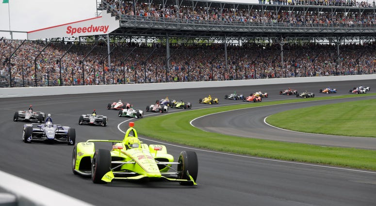 Simon Pagenaud, of France, leads the field through the first turn on the start of the Indianapolis 500 IndyCar auto race at Indianapolis Motor Speedway, in Indianapolis. Simon Pagenaud, of France, leads the field through the first turn on the start of the Indianapolis 500 IndyCar auto race at Indianapolis Motor Speedway, in Indianapolis.