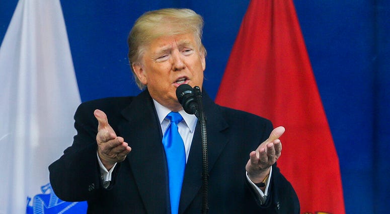 President Donald Trump speaks at New York City's 100th annual Veterans Day parade, Monday, Nov. 11, 2019, in New York. President Donald Trump speaks at New York City's 100th annual Veterans Day parade, Monday, Nov. 11, 2019, in New York.