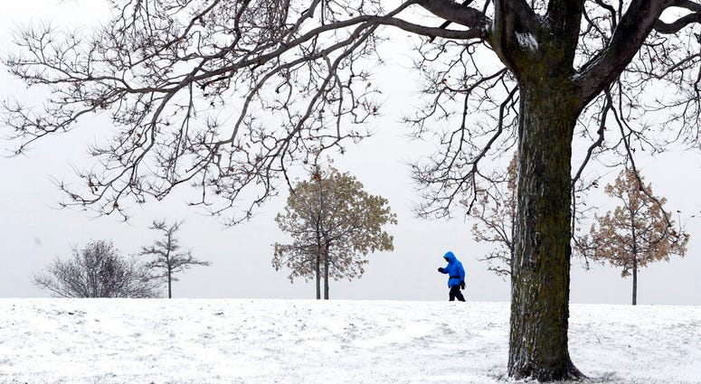 A lone hiker navigates the 31st street beach bike trail in a stiff wind and blowing snow off Lake Michigan, Monday, Nov. 11, 2019, in Chicago. A lone hiker navigates the 31st street beach bike trail in a stiff wind and blowing snow off Lake Michigan.