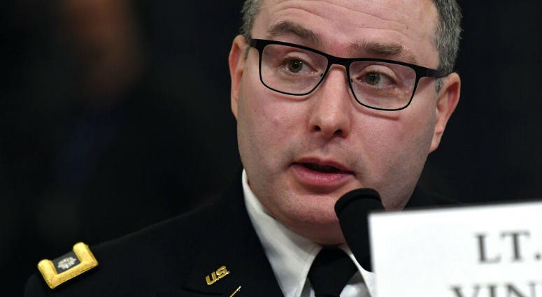 National Security Council aide Lt. Col. Alexander Vindman testifies before the House Intelligence Committee on Capitol Hill in Washington, Tuesday, Nov. 19, 2019 National Security Council aide Lt. Col. Alexander Vindman testifies before the House Intelligence Committee on Capitol Hill.