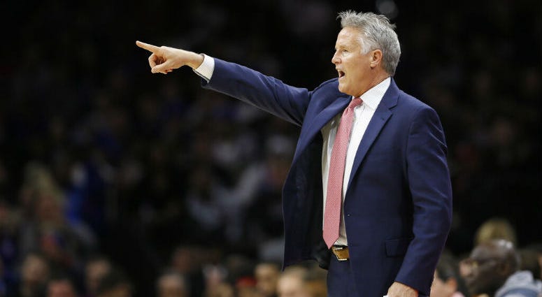 Philadelphia 76ers head coach Brett Brown yells to his team during the first half of an NBA basketball game against the Miami Heat, Saturday, Nov. 23, 2019, in Philadelphia. Philadelphia 76ers head coach Brett Brown yells to his team during the first half of an NBA basketball game against the Miami Heat.