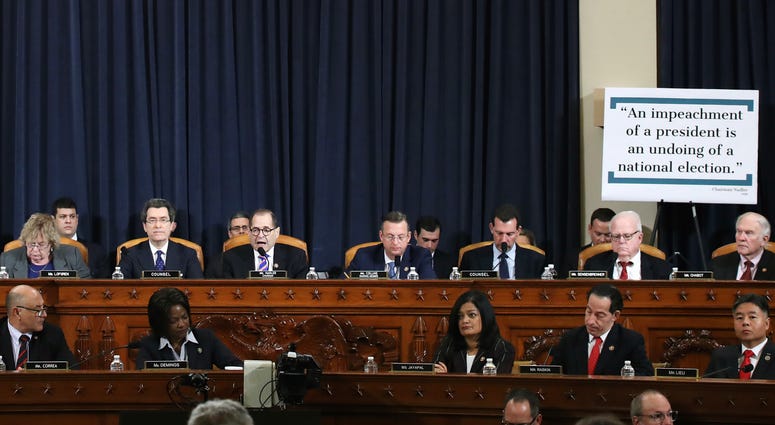 House Judiciary Committee Chairman Rep. Jerrold Nadler, D-N.Y., center, with members of the committee, speaking during a hearing before the House Judiciary Committee on the constitutional grounds for the impeachment of President Donald Trump. House Judiciary Committee