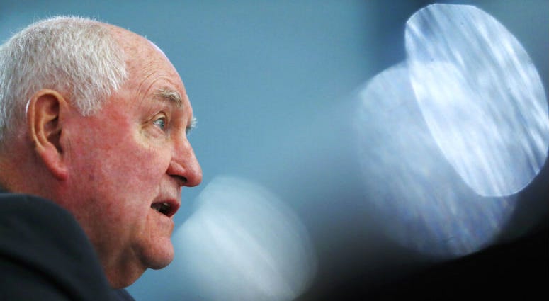 FILE - In this Feb. 27, 2019 file photo, Agriculture Secretary Sonny Perdue testifies during a House Agriculture Committee hearing. Agriculture Secretary Sonny Perdue testifies during a House Agriculture Committee hearing,