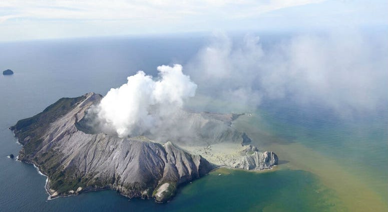 This aerial photo shows White Island after its volcanic eruption in New Zealand Monday, Dec. 9, 2019. This aerial photo shows White Island after its volcanic eruption in New Zealand.