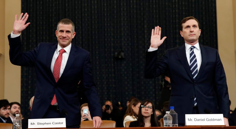 Republican staff attorney Steve Castor, left, and Democratic staff attorney Daniel Goldman and are sworn in to testify as the House Judiciary Committee hears investigative findings in the impeachment inquiry of President Donald Trump. Republican staff attorney Steve Castor, left, and Democratic staff attorney Daniel Goldman and are sworn in to testify as the House Judiciary Committee hears investigative findings in the impeachment inquiry of President Donald Trump.