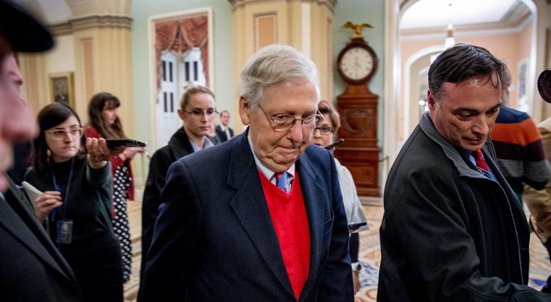 Senate Majority Leader Mitch McConnell of Ky., walks to the Senate Chamber, Monday, Dec. 16, 2019, on Capitol Hill in Washington. Senate Majority Leader Mitch McConnell of Ky., walks to the Senate Chamber, Monday, Dec. 16, 2019, on Capitol Hill in Washington.