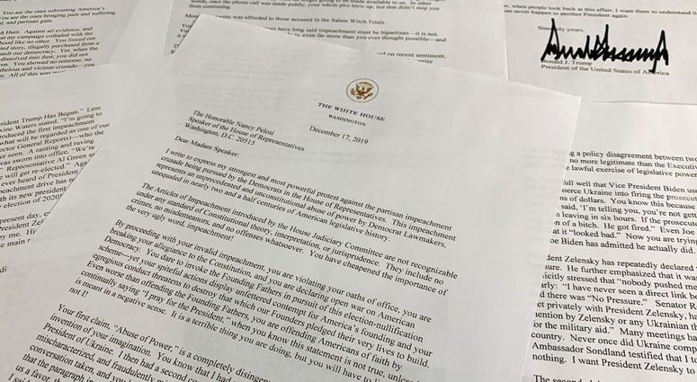 A letter from President Donald Trump to House Speaker Nancy Pelosi of Calif., is photographed Tuesday, Dec. 17, 2019, in Washington. A letter from President Donald Trump to House Speaker Nancy Pelosi of Calif., is photographed Tuesday, Dec. 17, 2019, in Washington.