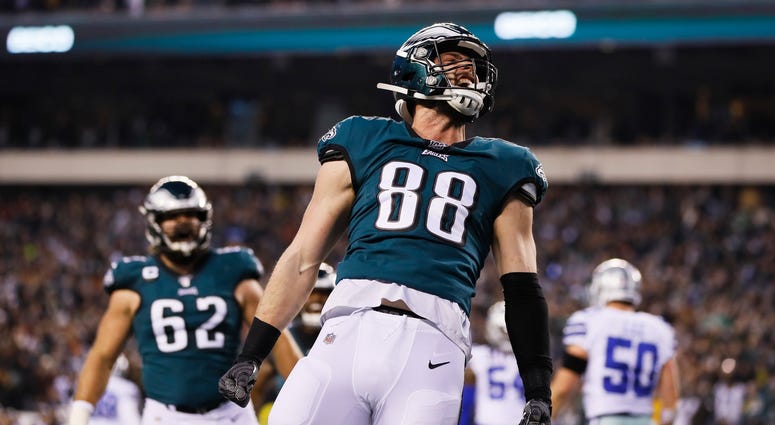 Philadelphia Eagles' Dallas Goedert celebrates after scoring a touchdown during the first half of an NFL football game against the Dallas Cowboys Sunday, Dec. 22, 2019, in Philadelphia. Philadelphia Eagles' Dallas Goedert celebrates after scoring a touchdown during the first half of an NFL football game against the Dallas Cowboys Sunday, Dec. 22, 2019, in Philadelphia.