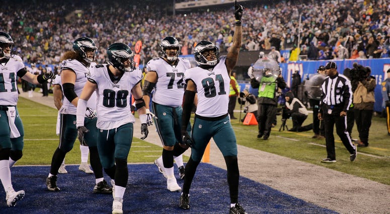 Philadelphia Eagles tight end Josh Perkins (81) celebrates scoring a touchdown in the first half of an NFL football game against the New York Giants, Sunday, Dec. 29, 2019, in East Rutherford, N.J. Philadelphia Eagles tight end Josh Perkins (81) celebrates scoring a touchdown in the first half of an NFL football game against the New York Giants, Sunday, Dec. 29, 2019, in East Rutherford, N.J.