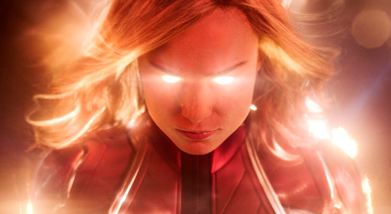 This image released by Disney-Marvel Studios shows Brie Larson in a scene from "Captain Marvel." This image released by Disney-Marvel Studios shows Brie Larson in a scene from "Captain Marvel."