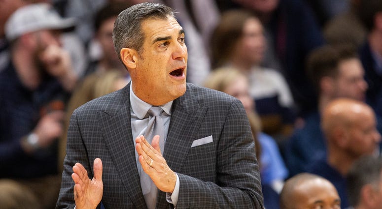 Villanova head coach Jay Wright shouts from the sideline during the second half of an NCAA college basketball game against Xavier, Monday, Dec. 30, 2019, in Villanova, Pa. Villanova won 68-62. Villanova head coach Jay Wright