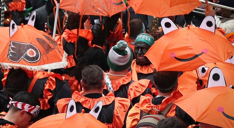 Members of the Froggy Carr club march during the Mummers Parade in Philadelphia, on Wednesday, Jan. 1, 2020. Members of the Froggy Carr club march during the Mummers Parade.