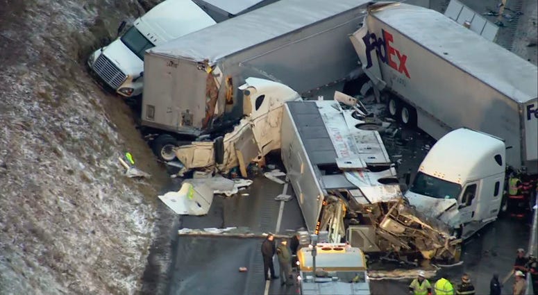 This image from video provided by KDKA TV shows the scene near Greensburg, Pa. along the Pennsylvania Turnpike where at least five people were killed and dozens were injured in a crash early Sunday, Jan. 5, 2020. This image from video provided by KDKA TV shows the scene near Greensburg, Pa. along the Pennsylvania Turnpike where at least five people were killed and dozens were injured in a crash early Sunday, Jan. 5, 2020.