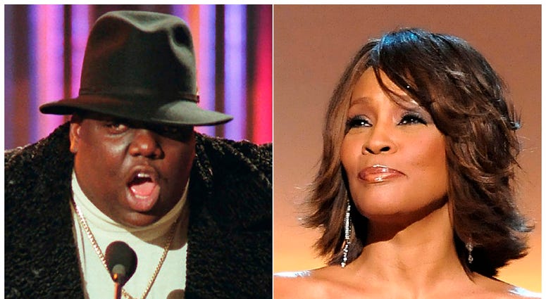 This combination photo shows Notorious B.I.G., who won rap artist and rap single of the year, during the annual Billboard Music Awards in New York on Dec. 6, 1995, left, and singer Whitney Houston at the BET Honors in Washington on Jan. 17, 2009. This combination photo shows Notorious B.I.G., who won rap artist and rap single of the year, during the annual Billboard Music Awards in New York on Dec. 6, 1995, left, and singer Whitney Houston at the BET Honors in Washington on Jan. 17, 2009.