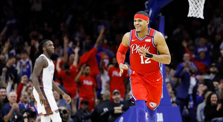 Philadelphia 76ers' Tobias Harris reacts after making a 3-pointer during the second half of an NBA basketball game against the Brooklyn Nets, Wednesday, Jan. 15, 2020, in Philadelphia. Philadelphia 76ers' Tobias Harris reacts after making a 3-pointer during the second half of an NBA basketball game against the Brooklyn Nets, Wednesday, Jan. 15, 2020, in Philadelphia.