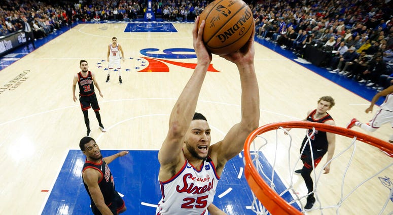 Philadelphia 76ers' Ben Simmons goes up for a dunk during the first half of an NBA basketball game against the Chicago Bulls, Friday, Jan. 17, 2020, in Philadelphia. Philadelphia 76ers' Ben Simmons goes up for a dunk during the first half of an NBA basketball game against the Chicago Bulls, Friday, Jan. 17, 2020, in Philadelphia.