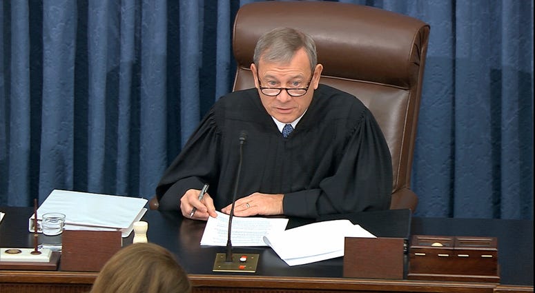 Presiding officer Supreme Court Chief Justice John Roberts speaks during the impeachment trial against President Donald Trump in the Senate at the U.S. Capitol in Washington, Tuesday, Jan. 21, 2020. Presiding officer Supreme Court Chief Justice John Roberts speaks during the impeachment trial against President Donald Trump in the Senate at the U.S. Capitol in Washington, Tuesday, Jan. 21, 2020.