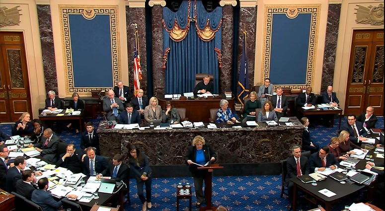 In this image from video, impeachment manager Rep. Zoe Lofgren, D-Calif., speaks in support of an amendment offered by Sen. Chuck Schumer, D-N.Y., during the impeachment trial against President Donald Trump in the Senate at the U.S. Capitol. In this image from video, impeachment manager Rep. Zoe Lofgren, D-Calif., speaks in support of an amendment offered by Sen. Chuck Schumer, D-N.Y., during the impeachment trial against President Donald Trump in the Senate at the U.S. Capitol.