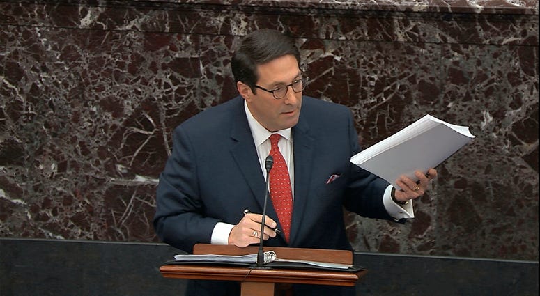 In this image from video, personal attorney to President Donald Trump, Jay Sekulow, hold a copy of the Mueller Report as speaks during the impeachment trial against Trump in the Senate at the U.S. Capitol in Washington, Saturday, Jan. 25, 2020. In this image from video, personal attorney to President Donald Trump, Jay Sekulow, hold a copy of the Mueller Report as speaks during the impeachment trial against Trump in the Senate at the U.S. Capitol in Washington, Saturday, Jan. 25, 2020.