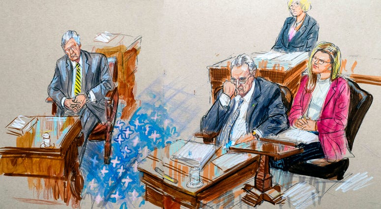 This artist sketch depicts Senate Majority Leader Mitch McConnell, R-Ky., left, and Senate Minority Leader Chuck Schumer, D-N.Y., right, listening to defense arguments in the impeachment trial of President Donald Trump. This artist sketch depicts Senate Majority Leader Mitch McConnell, R-Ky., left, and Senate Minority Leader Chuck Schumer, D-N.Y., right, listening to defense arguments in the impeachment trial of President Donald Trump.