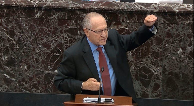 In this image from video, Alan Dershowitz, an attorney for President Donald Trump, answers a question during the impeachment trial against Trump in the Senate at the U.S. Capitol in Washington, Wednesday, Jan. 29, 2020. In this image from video, Alan Dershowitz, an attorney for President Donald Trump, answers a question during the impeachment trial against Trump in the Senate at the U.S. Capitol in Washington, Wednesday, Jan. 29, 2020.