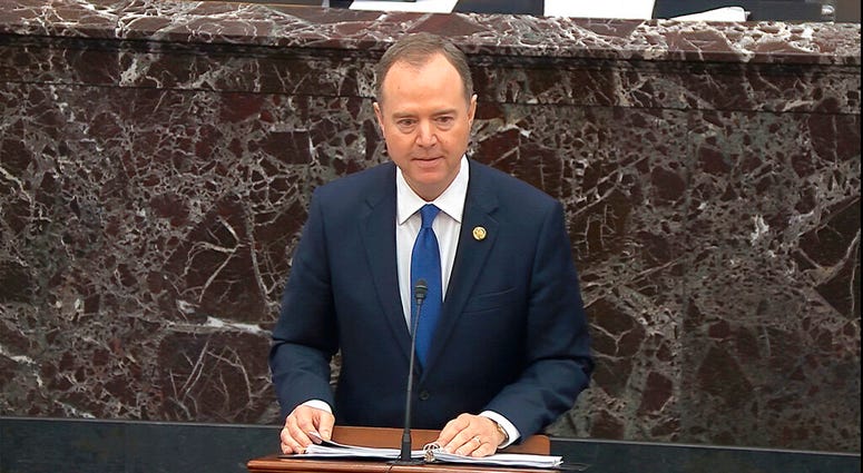 In this image from video, House impeachment manager Rep. Adam Schiff, D-Calif., speaks during closing arguments in the impeachment trial against President Donald Trump in the Senate at the U.S. Capitol in Washington, Monday, Feb. 3, 2020. In this image from video, House impeachment manager Rep. Adam Schiff, D-Calif., speaks during closing arguments in the impeachment trial against President Donald Trump in the Senate at the U.S. Capitol in Washington, Monday, Feb. 3, 2020.