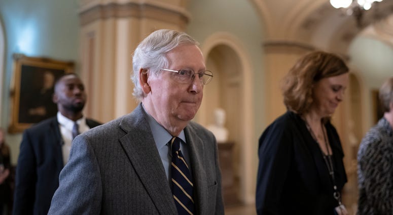 Senate Majority Leader Mitch McConnell, R-Ky., leaves after the Senate heard closing arguments in the impeachment trial of President Donald Trump on charges of abuse of power and obstruction of Congress, at the Capitol in Washington, Monday, Feb. 3, 2020. Senate Majority Leader Mitch McConnell, R-Ky., leaves after the Senate heard closing arguments in the impeachment trial of President Donald Trump on charges of abuse of power and obstruction of Congress, at the Capitol in Washington, Monday, Feb. 3, 2020.