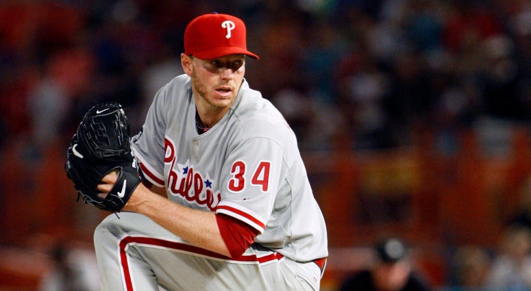 Philadelphia Phillies starting pitcher Roy Halladay throws a pitch in the ninth inning of a baseball game against the Florida Marlins in Miami, May 29, 2010. Philadelphia Phillies starting pitcher Roy Halladay throws a pitch in the ninth inning of a baseball game against the Florida Marlins in Miami, May 29, 2010.