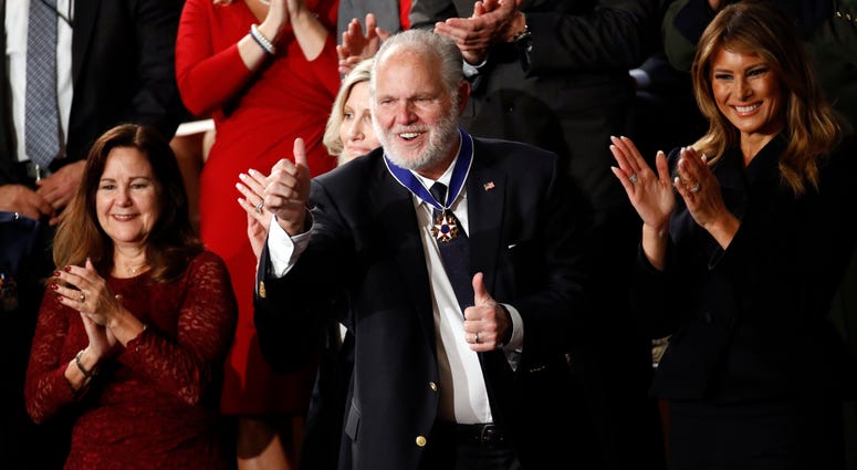 Rush Limbaugh reacts as first Lady Melania Trump prepares to present him with the the Presidential Medal of Freedom as President Donald Trump delivers his State of the Union address. Rush Limbaugh reacts as first Lady Melania Trump prepares to present him with the the Presidential Medal of Freedom as President Donald Trump delivers his State of the Union address.