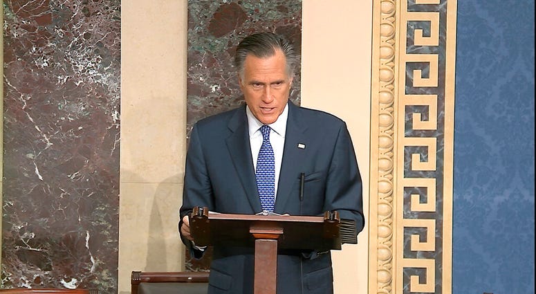In this image from video, Sen. Mitt Romney, R-Utah, speaks on the Senate floor about the impeachment trial against President Donald Trump at the U.S. Capitol in Washington, Wednesday, Feb. 5, 2020. In this image from video, Sen. Mitt Romney, R-Utah, speaks on the Senate floor about the impeachment trial against President Donald Trump at the U.S. Capitol in Washington, Wednesday, Feb. 5, 2020.