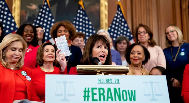 Rep. Jackie Speier, D-Calif., joined from left by Rep. Carolyn Maloney, D-N.Y., and Speaker of the House Nancy Pelosi, D-Calif., and other congressional Democrats. Rep. Jackie Speier, D-Calif., joined from left by Rep. Carolyn Maloney, D-N.Y., and Speaker of the House Nancy Pelosi, D-Calif., and other congressional Democrats.