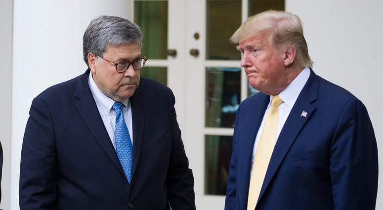 Attorney General William Barr, left, and President Donald Trump turn to leave after speaking in the Rose Garden of the White House, in Washington, July 11, 2019. Attorney General William Barr, left, and President Donald Trump turn to leave after speaking in the Rose Garden of the White House, in Washington, July 11, 2019.