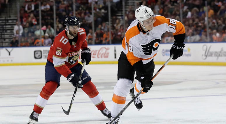 Philadelphia Flyers center Tyler Pitlick (18) prepares to shoot as Florida Panthers right wing Brett Connolly (10) defends during the second period of an NHL hockey game Thursday, Feb. 13, 2020, in Sunrise, Fla. Philadelphia Flyers center Tyler Pitlick (18) prepares to shoot as Florida Panthers right wing Brett Connolly (10) defends during the second period of an NHL hockey game Thursday, Feb. 13, 2020, in Sunrise, Fla.