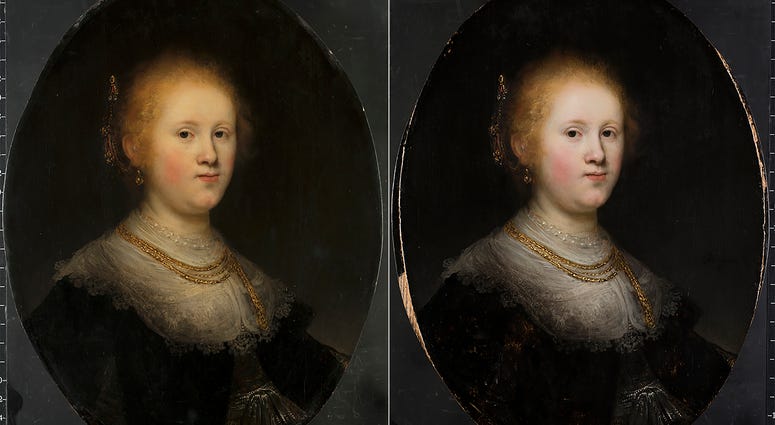This photo combo provided by Allentown Art Museum shows from left, before and after restoration of a painting called "Portrait of a Young Woman." This photo combo provided by Allentown Art Museum shows from left, before and after restoration of a painting called "Portrait of a Young Woman."