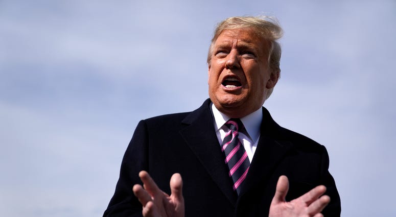 President Donald Trump talks to the media before he boards Air Force One for a trip to Los Angeles to attend a campaign fundraiser, Tuesday, Feb. 18, 2020, at Andrews Air Force Base, Md. President Donald Trump talks to the media before he boards Air Force One for a trip to Los Angeles to attend a campaign fundraiser, Tuesday, Feb. 18, 2020, at Andrews Air Force Base, Md.