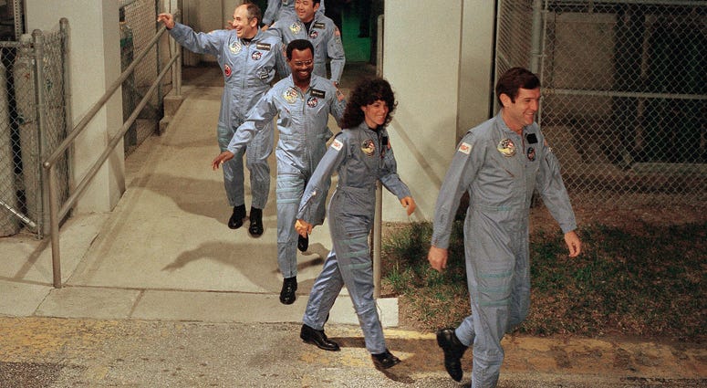 The crew for the Space Shuttle Challenger flight 51-L leaves their quarters for the launch pad at the Kennedy Space Center in Florida on Jan. 27, 1986. The crew for the Space Shuttle Challenger flight 51-L leaves their quarters for the launch pad at the Kennedy Space Center in Florida on Jan. 27, 1986.