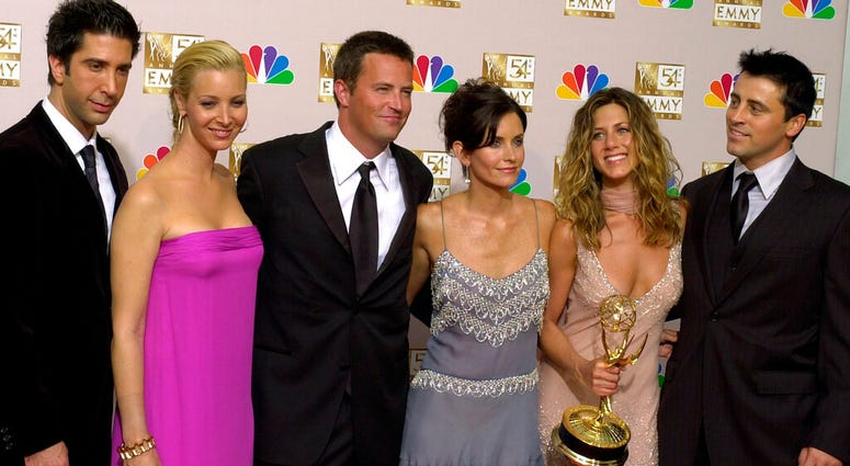 FILE - In this Sept. 22, 2002 file photo, the stars of "Friends," from left, David Schwimmer, Lisa Kudrow, Matthew Perry, Courteney Cox Arquette, Jennifer Aniston and Matt LeBlanc pose with the award for outstanding comedy series at the Emmy awards. FILE - In this Sept. 22, 2002 file photo, the stars of "Friends," from left, David Schwimmer, Lisa Kudrow, Matthew Perry, Courteney Cox Arquette, Jennifer Aniston and Matt LeBlanc pose with the award for outstanding comedy series at the Emmy awards.
