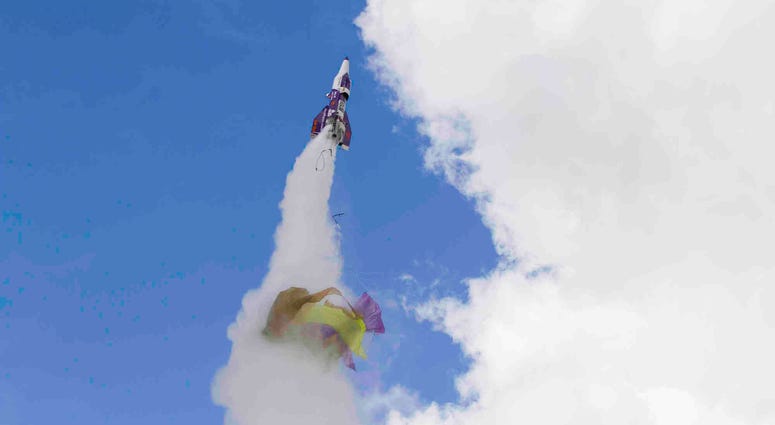 "Mad" Mike Hughes, 64, was killed on Saturday after his rocket crashed. In this Saturday afternoon, Feb. 22, 2020, photo "Mad" Mike Hughes rocket takes off, with what appears to be a parachute tearing off during its launch near Barstow, Calif.