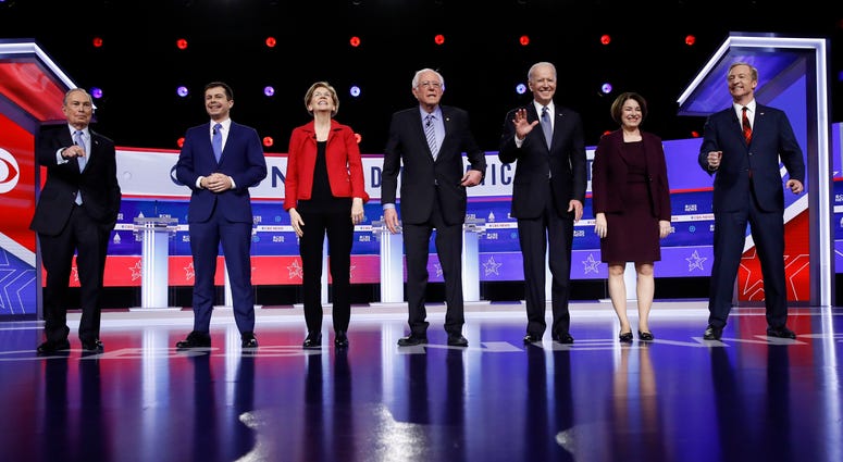 From left: Democratic presidential candidates Mike Bloomberg, Pete Buttigieg, Elizabeth Warren, Bernie Sanders, Joe Biden, Amy Klobuchar and Tom Steyer stand on stage before a Democratic presidential primary debate, Tuesday, Feb. 25, 2020. From left: Democratic presidential candidates Mike Bloomberg, Pete Buttigieg, Elizabeth Warren, Bernie Sanders, Joe Biden, Amy Klobuchar and Tom Steyer stand on stage before a Democratic presidential primary debate, Tuesday, Feb. 25, 2020.