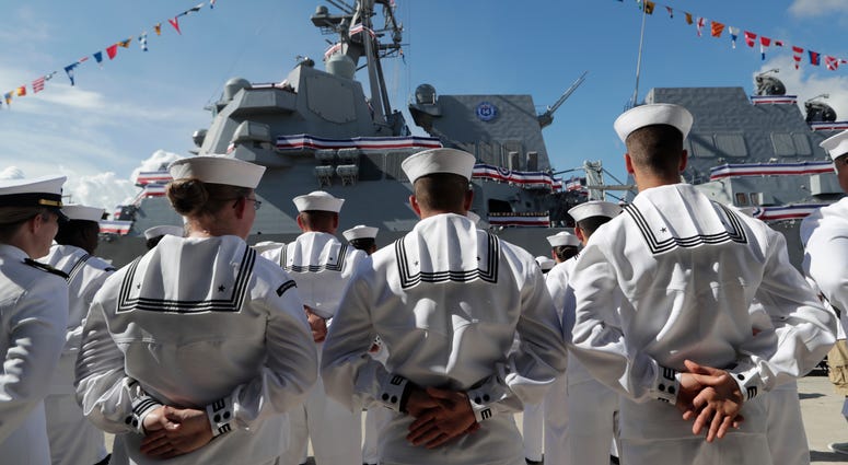 Sailors stand during a commissioning ceremony for the U.S. Navy guided missile destroyer USS Paul Ignatius, at Port Everglades in Fort Lauderdale, Fla., July 27, 2019. Sailors stand during a commissioning ceremony for the U.S. Navy guided missile destroyer USS Paul Ignatius, at Port Everglades in Fort Lauderdale, Fla., July 27, 2019.