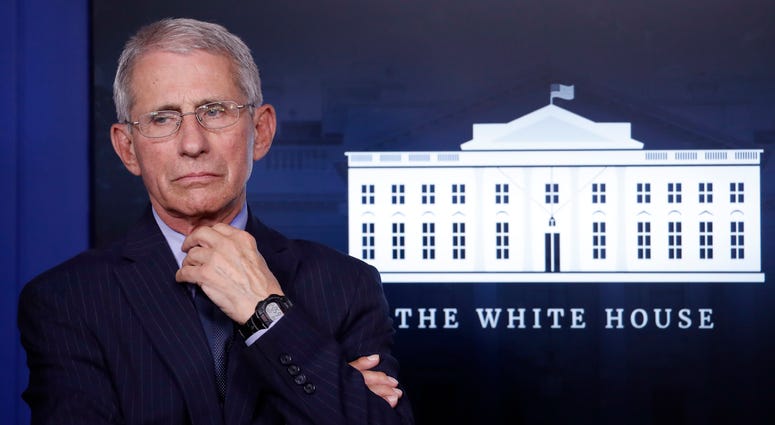 In this April 1, 2020, Dr. Anthony Fauci, director of the National Institute of Allergy and Infectious Diseases, appears at the White House, in Washington. Dr. Anthony Fauci