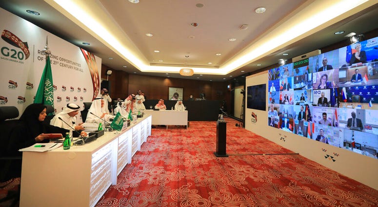 Prince Abdulaziz bin Salman Al-Saud, Minister of Energy of Saudi Arabia, third right, chairs a virtual summit of the Group of 20 energy ministers at his office in Riyadh, Saudi Arabia. Prince Abdulaziz bin Salman Al-Saud, Minister of Energy of Saudi Arabia, third right, chairs a virtual summit of the Group of 20 energy ministers at his office in Riyadh, Saudi Arabia.