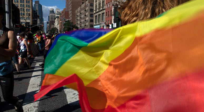 Parade-goers carrying rainbow flags walk down a street during the LBGTQ Pride march in New York, June 30, 2019. Parade-goers carrying rainbow flags walk down a street during the LBGTQ Pride march in New York, June 30, 2019.