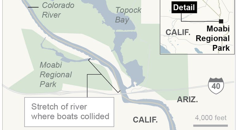 Map locates where boats collide on Colorado River.; 2c x 3 inches; 96.3 mm x 76 mm; Colorado River boat collision
