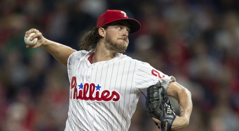Philadelphia Phillies starting pitcher Aaron Nola (27) throws in the first inning of a baseball game against the Atlanta Braves, Saturday, Sept. 29, 2018, in Philadelphia. Philadelphia Phillies starting pitcher Aaron Nola (27) throws in the first inning of a baseball game against the Atlanta Braves, Saturday, Sept. 29, 2018, in Philadelphia.