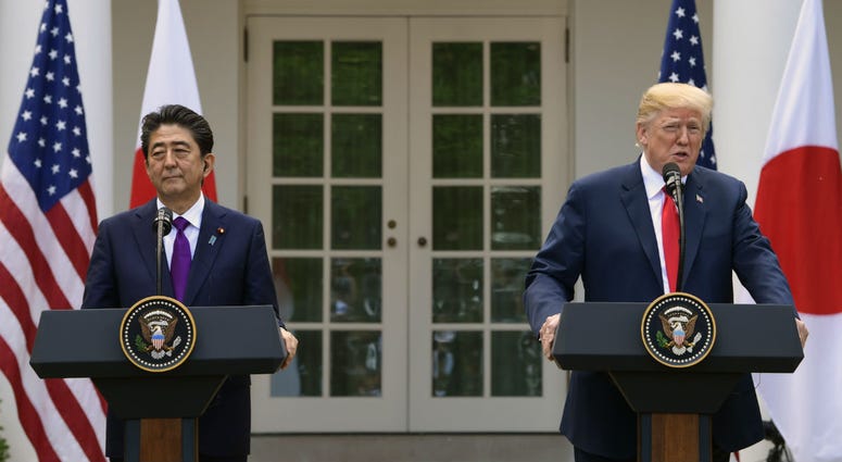 President Donald Trump and Japanese Prime Minister Shinzo Abe speak during a news conference in the Rose Garden of the White House in Washington, Thursday, June 7, 2018. President Donald Trump and Japanese Prime Minister Shinzo Abe