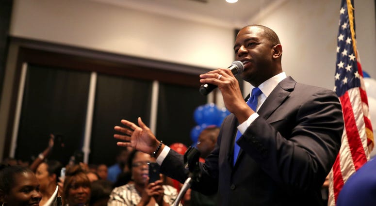 Democratic gubernatorial nominee Andrew Gillum celebrates his victory with supporters during his election watch party at Hotel Duval. Democratic gubernatorial nominee Andrew Gillum celebrates his victory with supporters during his election watch party at Hotel Duval.
